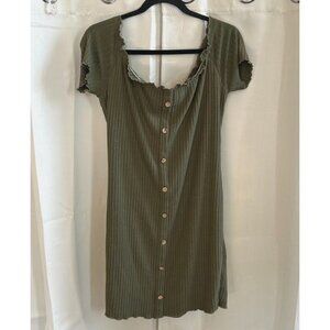 RUe Plus Women Dress 2X Green Ribbed Stretch Coconut Shell Buttons Comfort 17581